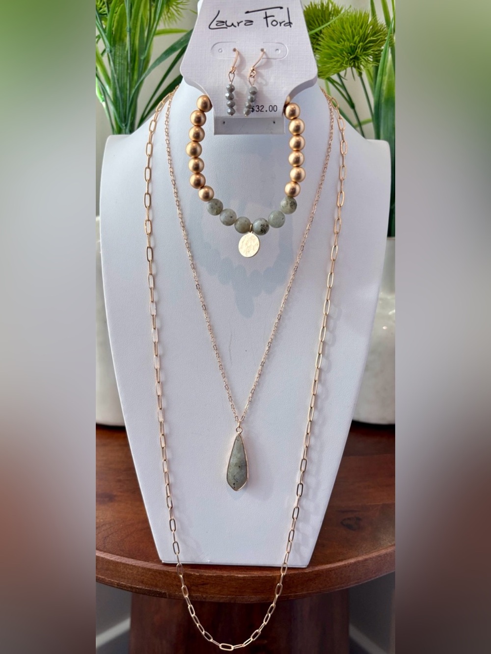 Laura Ford Double Gold chain,jade look teardrop pendant,bracelet/earrings set